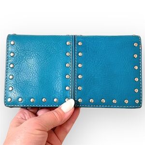 Michael Kors leather wallet, teal blue, studded 7”x4”